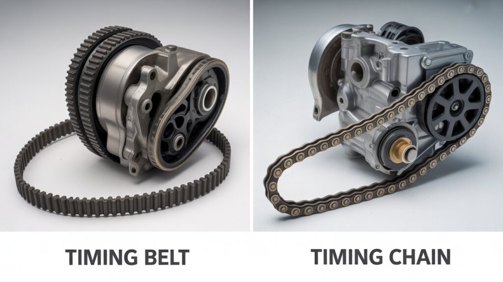 Comparison images showing engine parts with timing belts vs chains, helping explain how each system works and what makes them different.