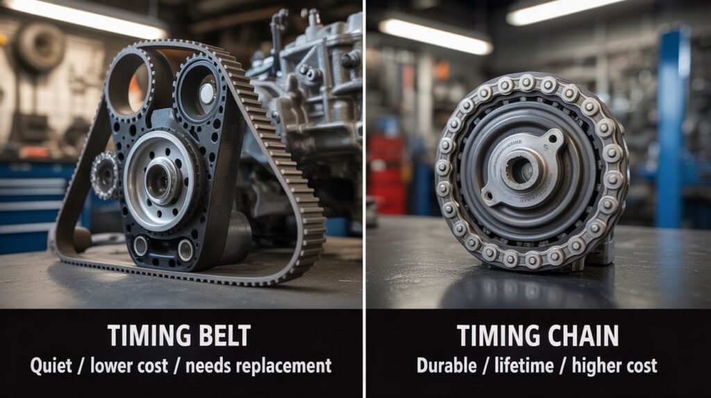 Split image comparing timing belt vs timing chain, showing cost, durability, and design differences for drivers learning the difference.