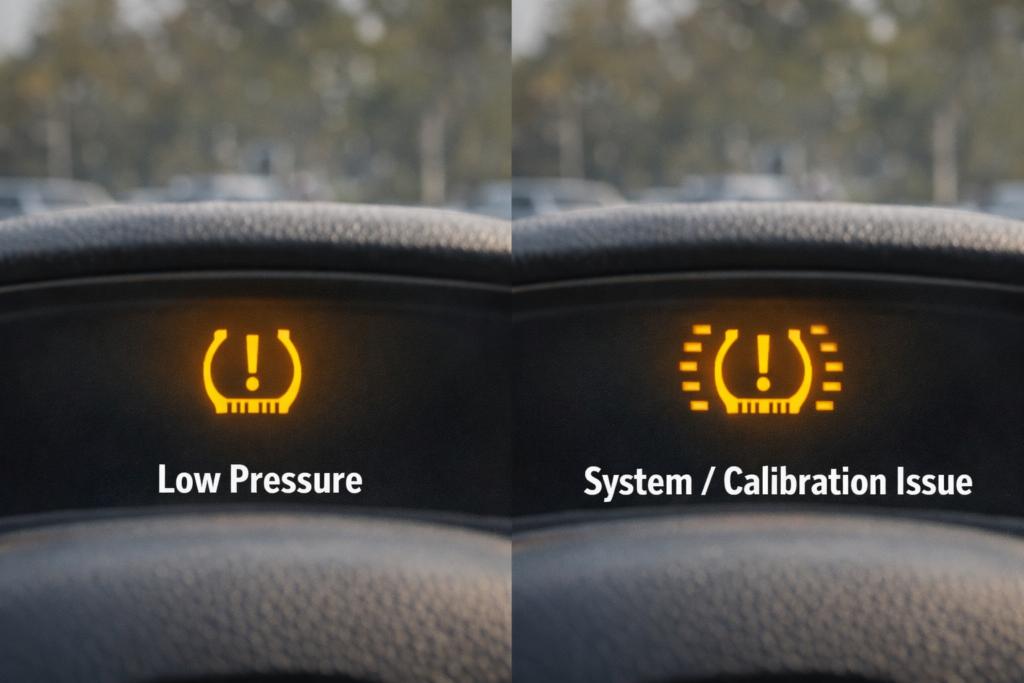 Honda Accord TPMS warning light symbols comparison showing solid light for low tire pressure and blinking light for TPMS system or calibration issue