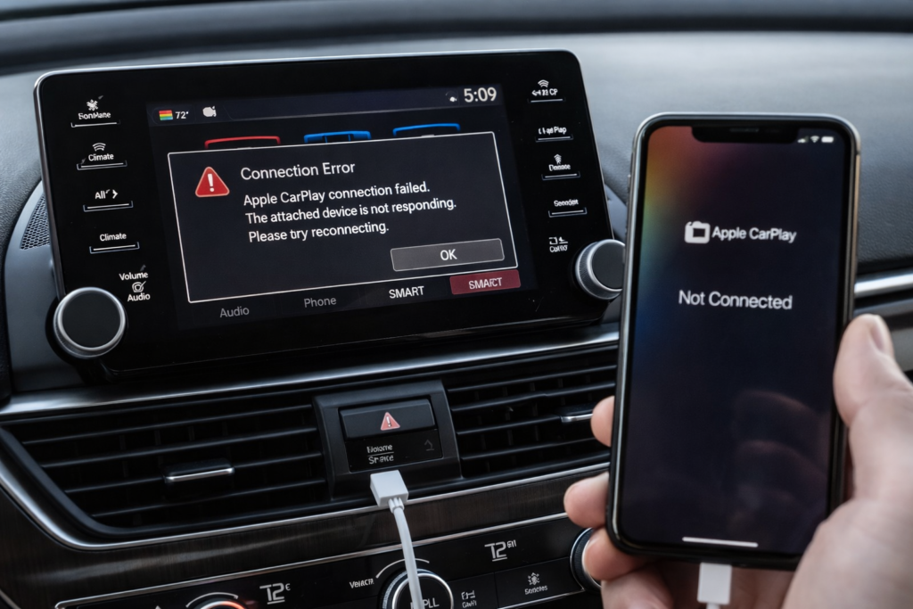 Honda Apple CarPlay issue shown with USB cable plugged in, infotainment screen error message, and iPhone not connecting inside car.