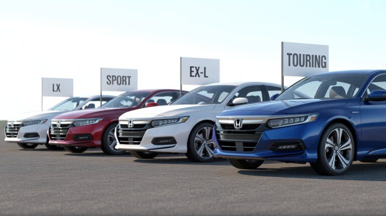 Honda Accord trim lineup showing LX, Sport, EX, and Touring models side by side, explaining what are the Honda Accord trim levels.