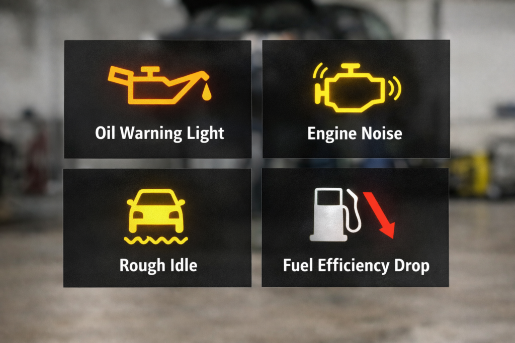 Dashboard and engine warning visuals showing what are the signs a Honda Accord needs an oil change before damage occurs.
