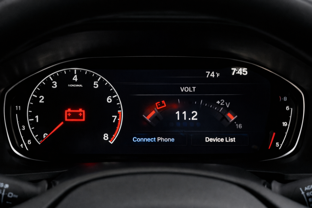 Honda Accord dashboard showing battery warning light and low voltage reading, clear signs of a failing alternator during driving.