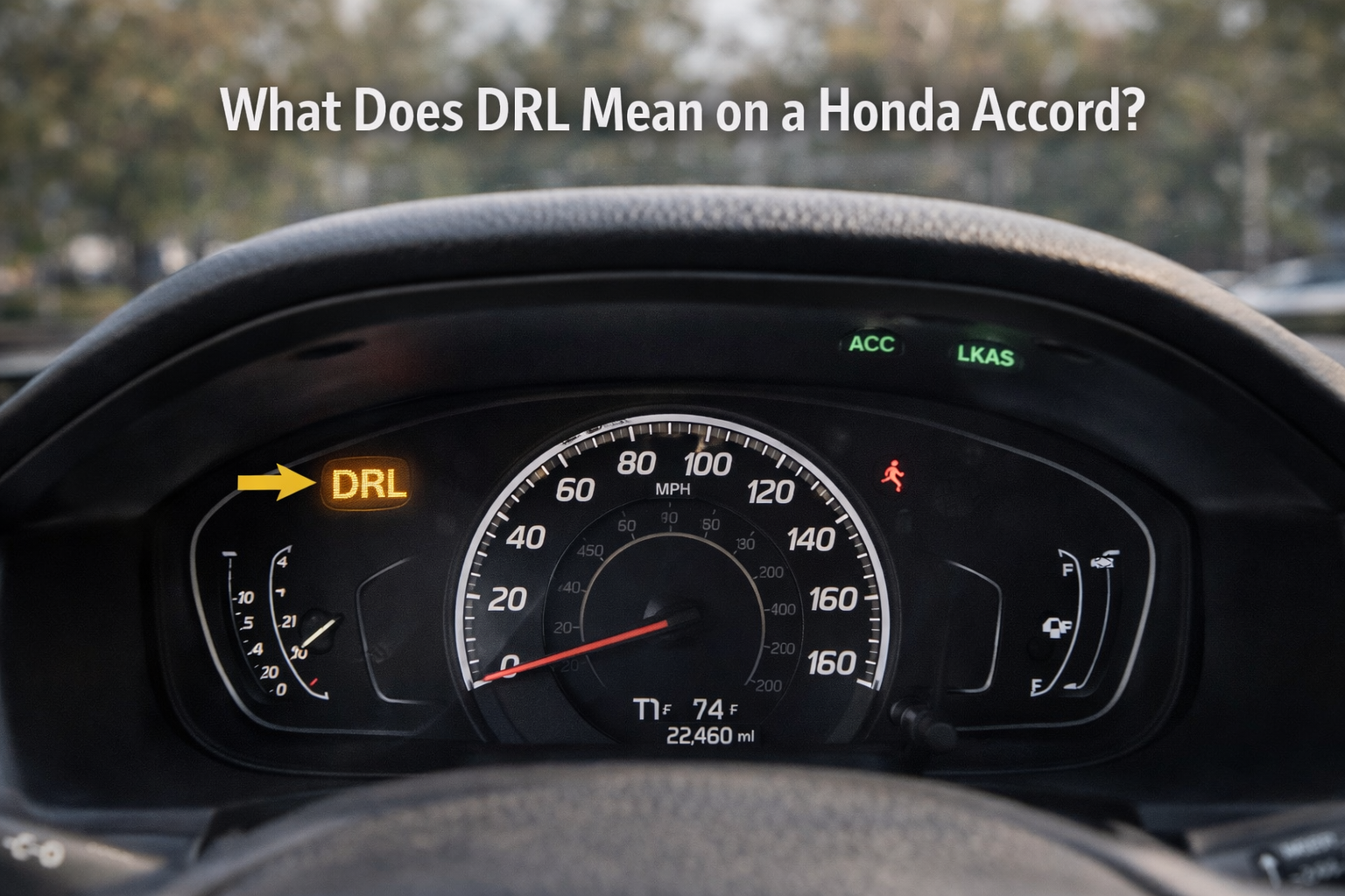 Honda Accord dashboard showing DRL indicator light illuminated, explaining what does DRL mean on a Honda Accord in a real driving view