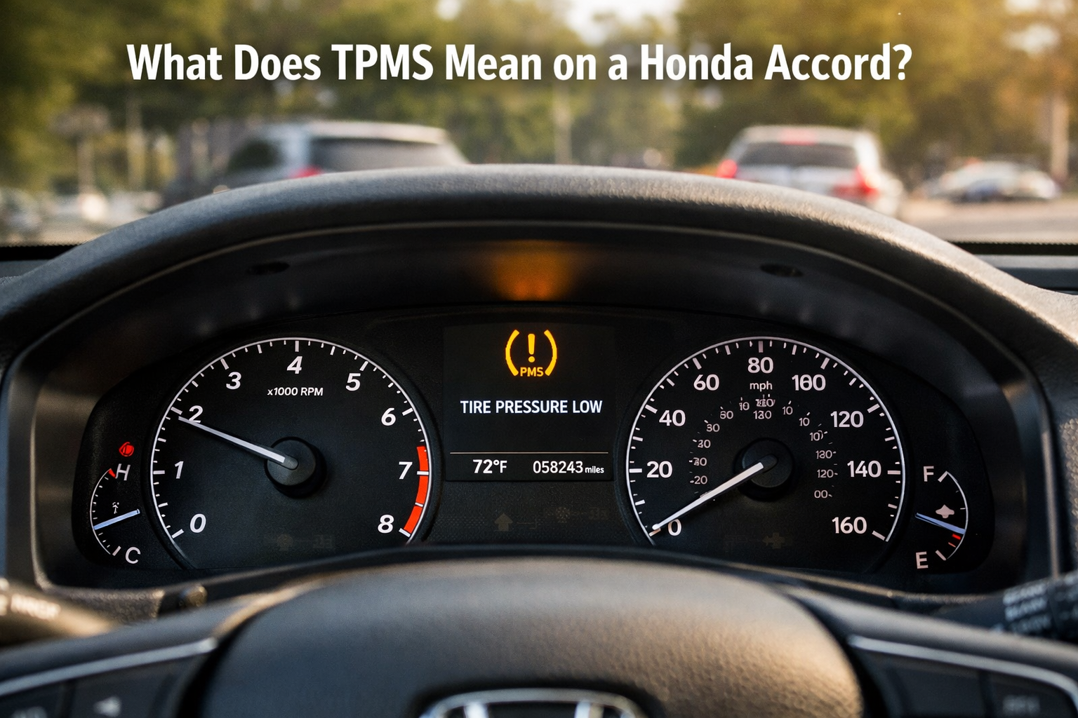 Honda Accord dashboard close-up showing TPMS warning light illuminated, explaining what TPMS means on a Honda Accord in real driving view