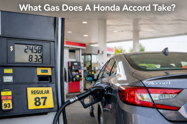 Honda Accord refueling at a modern gas station with regular 87 pump visible, showing what gas does a Honda Accord take for daily use.
