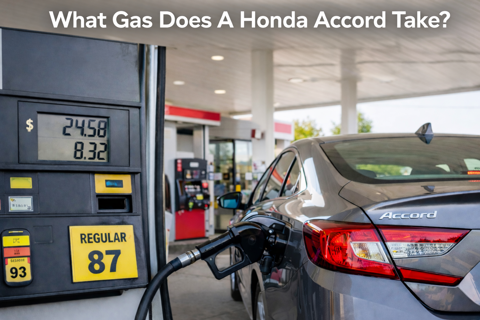 Honda Accord refueling at a modern gas station with regular 87 pump visible, showing what gas does a Honda Accord take for daily use.