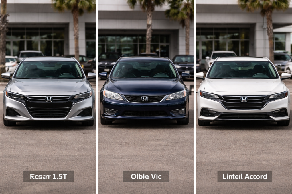 Three Honda Accord models parked side by side showing modern 1.5T, older V6, and latest Accord Hybrid in a dealership lot.