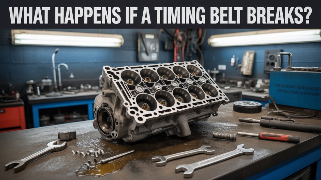 Engine teardown showing internal damage, illustrating what happens if a timing belt breaks and how it affects engine components.
