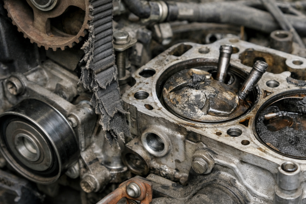 Broken timing belt on car engine showing bent valves and damaged pistons after missed timing belt replacement service.