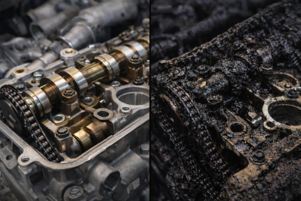 Side by side Honda Accord engine showing clean vs sludge damage, illustrating what-happens-when-honda-accord-oil-gets-dirty.