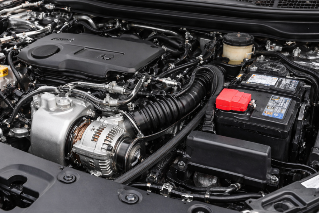 What Is an Alternator and Its Role in the Honda Accord? Engine bay view showing alternator, serpentine belt, battery, and charging system components.