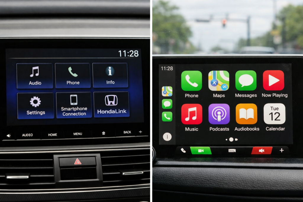 Honda factory infotainment screen compared with Apple CarPlay interface, showing navigation, calls, and media for safer driving.