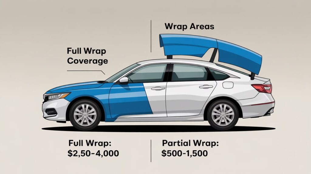 Honda Accord illustration comparing wrap coverage and prices — What Is the Cost Difference Between Full and Partial Wraps?