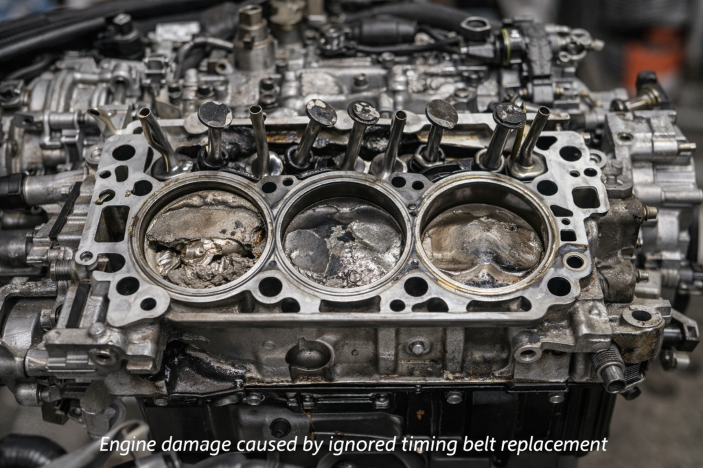 Close-up of Honda Accord engine with bent valves and damaged pistons after a failed timing belt replacement in a real workshop setting.
