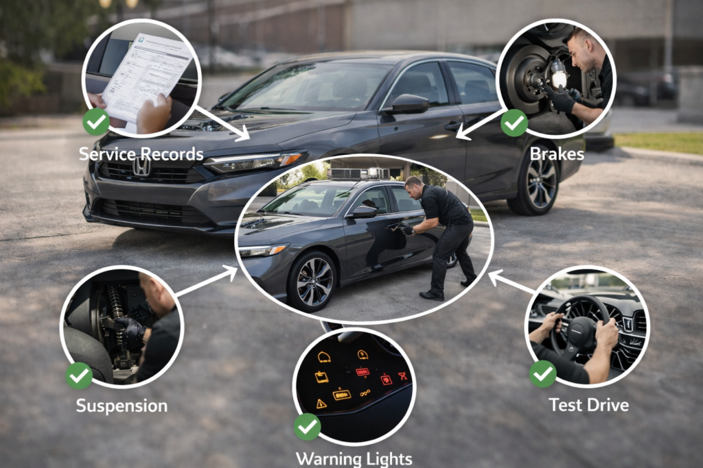 Used Honda Accord inspection checklist showing service records, brakes, suspension, warning lights, and test drive before buying.
