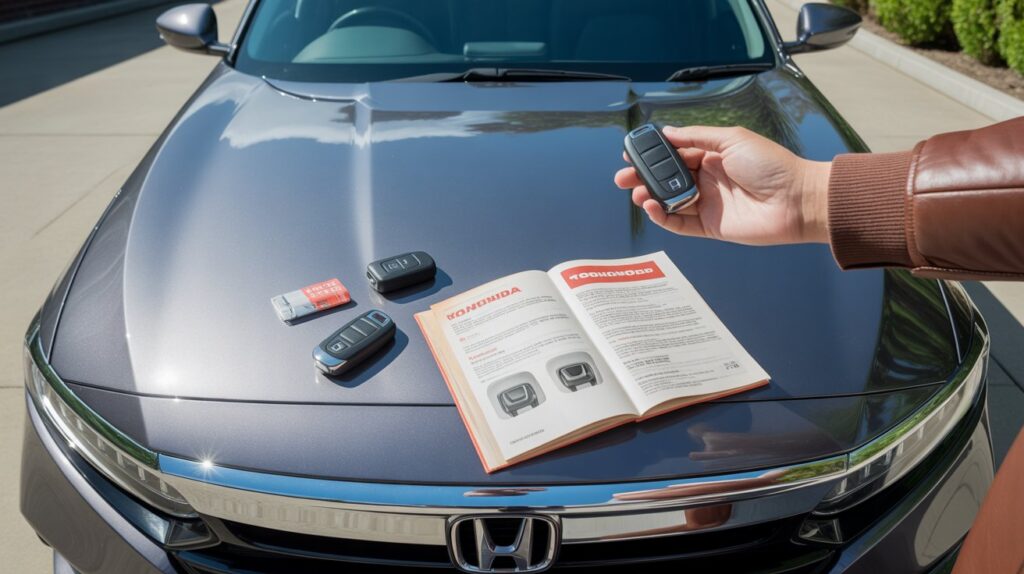 Honda Accord owner showing Honda smart key tips with spare fob, CR2032 battery, and manual placed on the car hood.