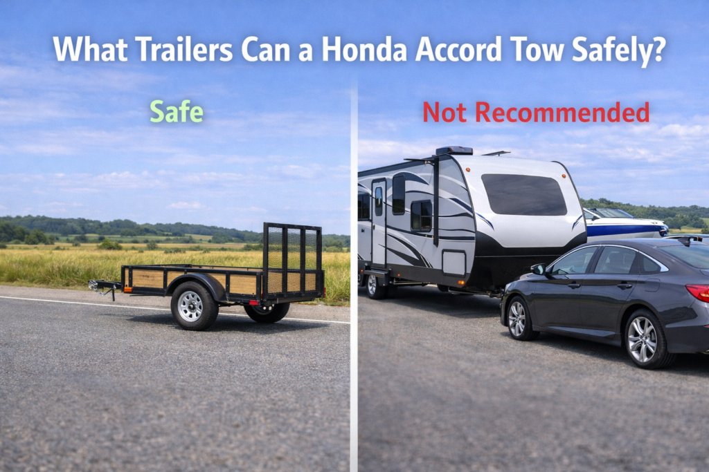 Comparison showing what trailers a Honda Accord can tow safely, with a small utility trailer marked safe and a camper not recommended.