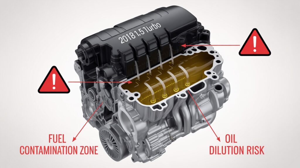 Engine diagram showing fuel dilution and oil contamination issues, explaining what went wrong with the 2018 Accord 1.5T engine design.
