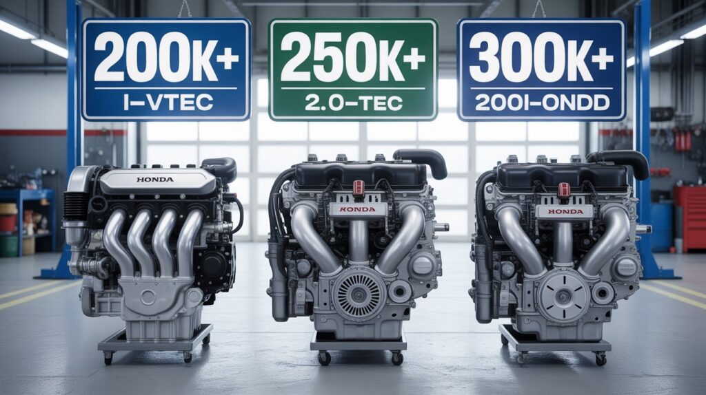 Visual comparison of Honda Accord engines showing mileage potential, helping explain which Accord engines last the longest over time.