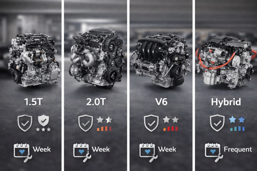 Side-by-side Honda Accord engines 1.5T, 2.0T, V6 and Hybrid comparing durability, stress, and Honda Accord engine reliability.