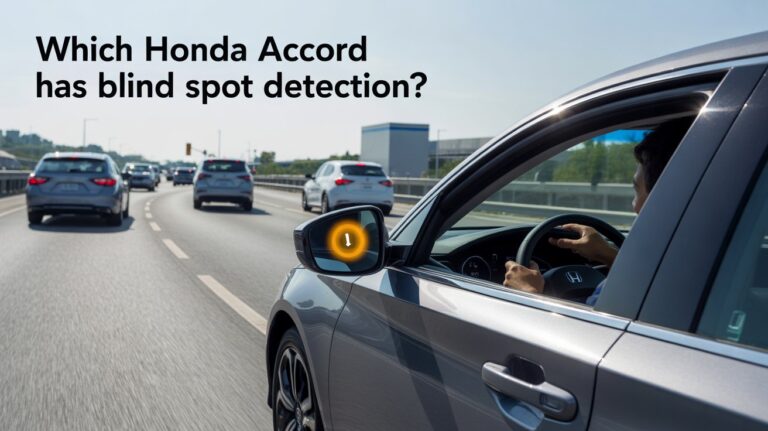 Honda Accord Touring driving on highway with blind spot warning light visible in side mirror during lane change