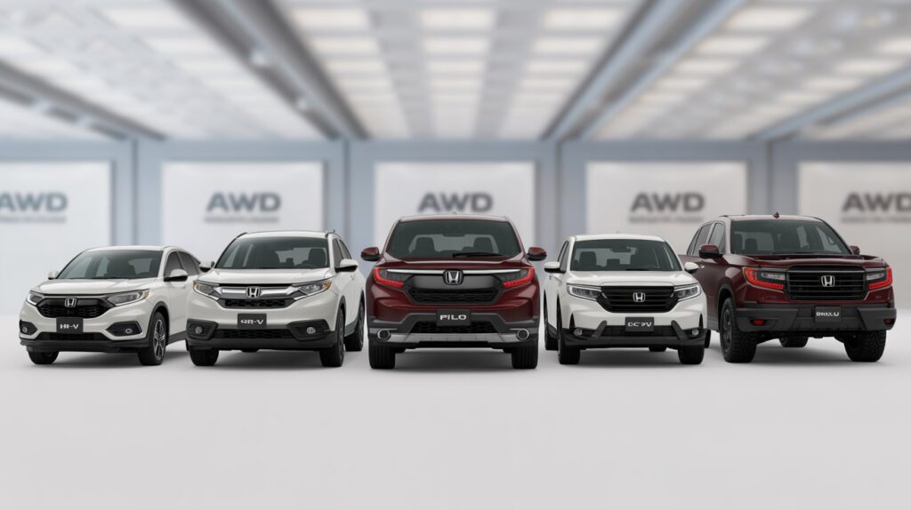 Lineup of Honda vehicles highlighting SUVs and sedans that show which Honda models currently offer AWD today for buyers now!