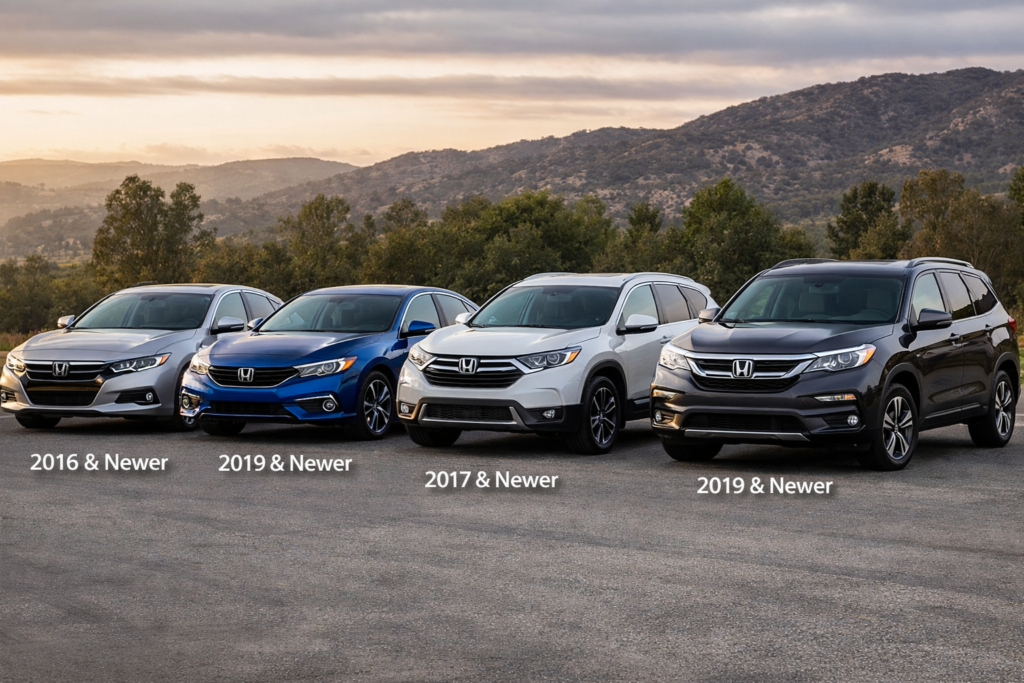 Honda models with Apple CarPlay by year shown in real-world lineup image of Accord, Civic, CR-V, and Pilot parked outdoors.