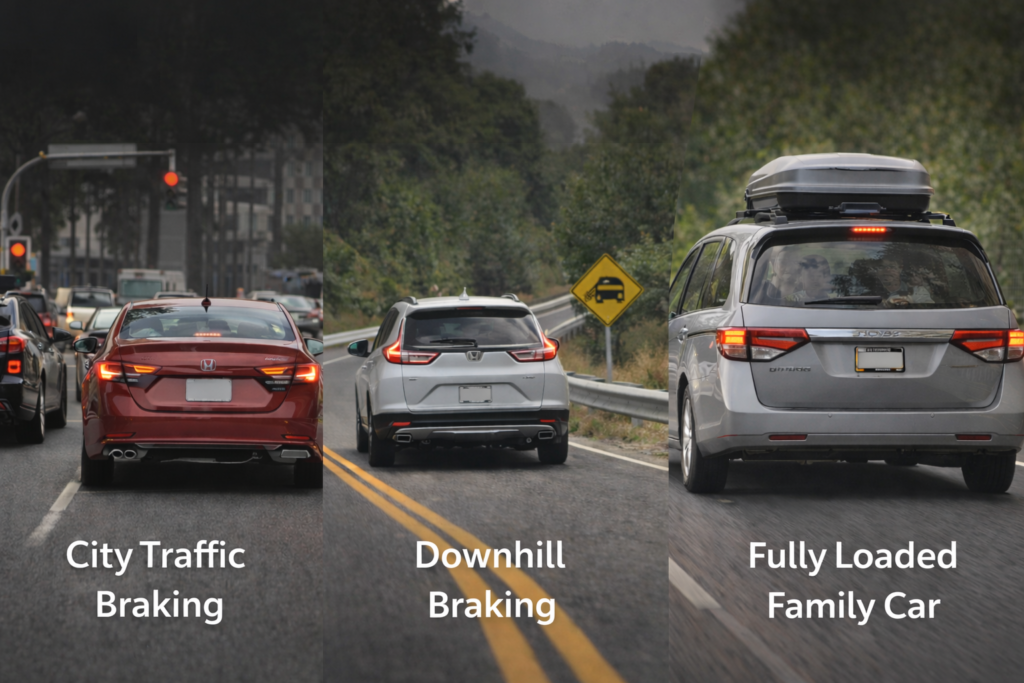 Honda cars braking in city traffic, downhill roads, and fully loaded driving explaining why do Honda brake pads wear now