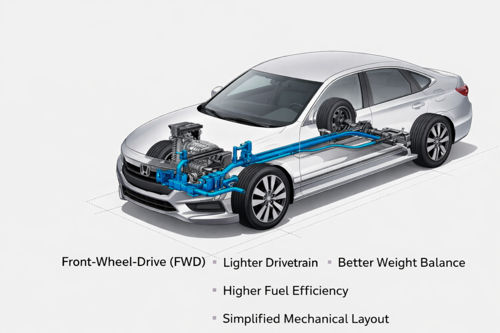 Infographic showing Honda sedan layouts and asking Why Doesn’t Honda Offer AWD on the Accord and Civic? for daily drivers today