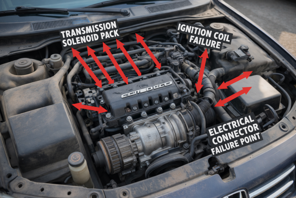 Why Is the 2003 Honda Accord Unreliable? Engine bay image highlighting common problem areas that cause frequent failures.