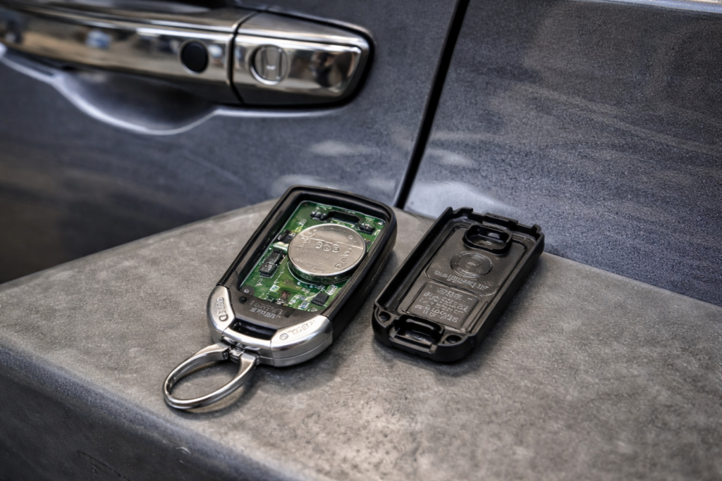 Opened Honda Accord key fob showing CR2032 battery near car door, highlighting common reasons why a Honda Accord key fob won’t respond