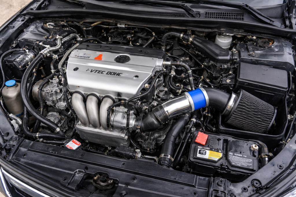 Honda Accord 2.4L K24 naturally aspirated engine bay with aftermarket cold air intake and clean wiring setup.