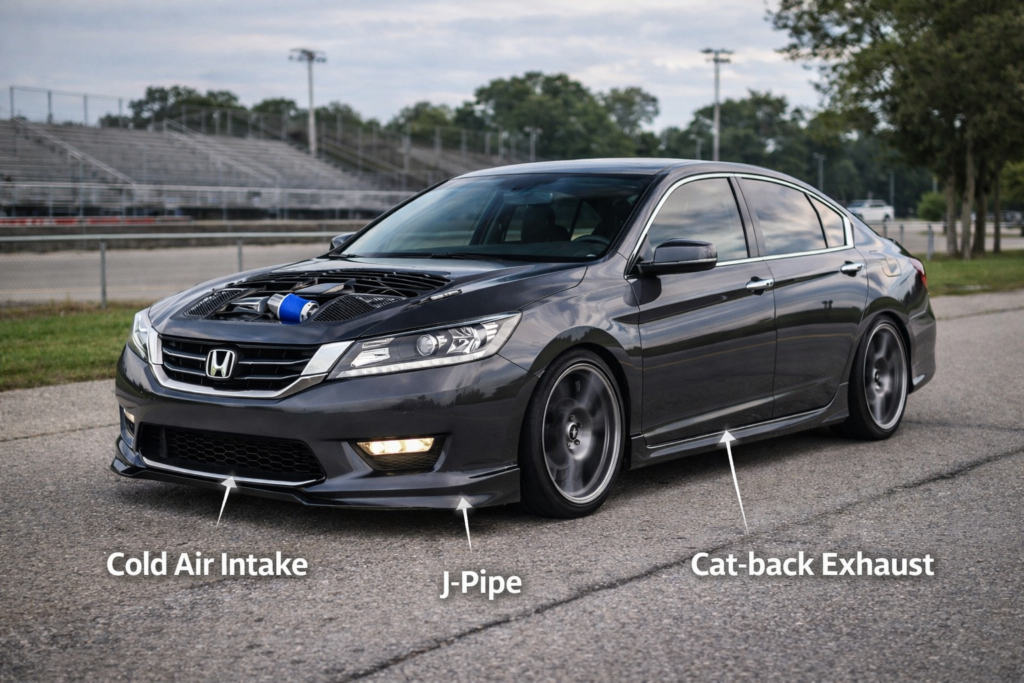 Best NA Setup for Daily V6 Accord showing modified Honda Accord with cold air intake, J-pipe, and cat-back exhaust installed.