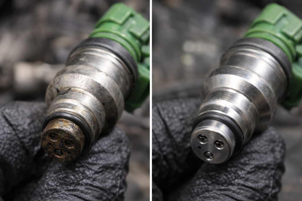 Close-up of dirty vs clean Honda Accord fuel injectors showing how fuel system issues can cause engine jerking and poor acceleration.