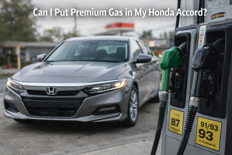 Honda Accord at gas station with 87 regular and 91/93 premium fuel nozzles, explaining can I put premium gas in my Honda Accord choice