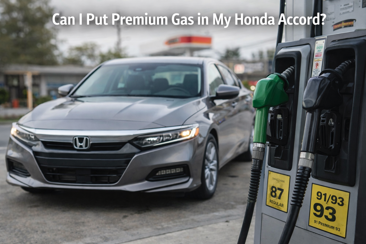 Honda Accord at gas station with 87 regular and 91/93 premium fuel nozzles, explaining can I put premium gas in my Honda Accord choice