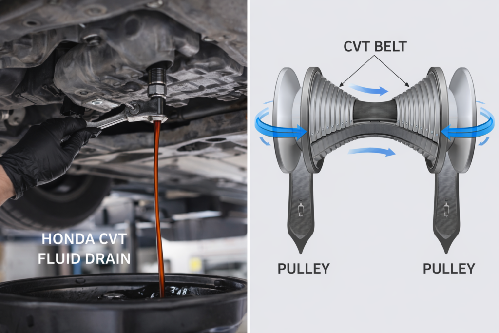 Honda Accord CVT transmission fluid drain with belt and pulley view showing how transmission problems cause jerking during driving.