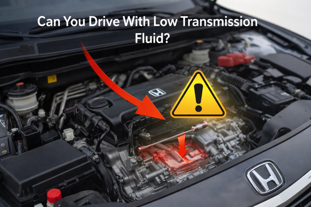 Can You Drive With Low Transmission Fluid? Honda Accord engine bay with warning icon and red arrow highlighting transmission area
