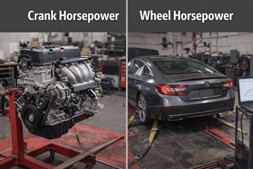 Crank horsepower vs wheel horsepower comparison showing engine on stand and car on dyno rollers in real workshop setting.