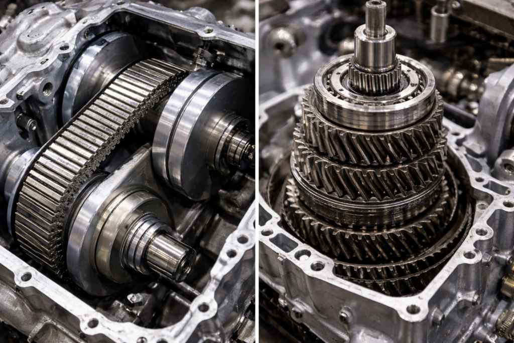Side-by-side close-up of CVT vs manual transmission showing internal belt system and helical gear assembly in detail.