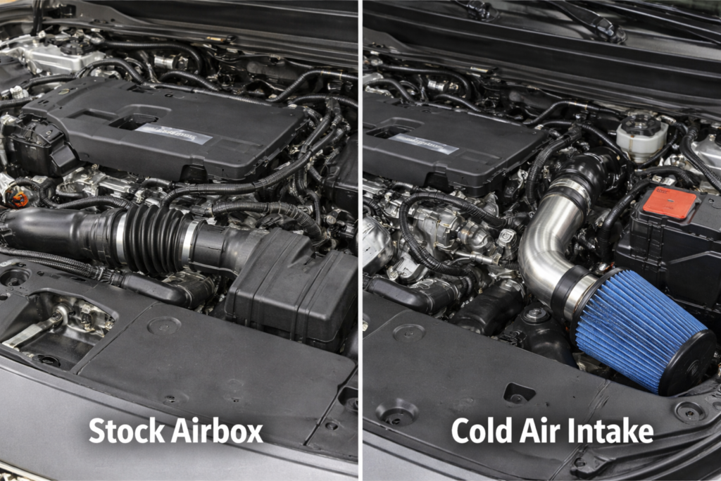 Stock airbox vs aftermarket setup showing do cold air intakes actually increase HP in real Honda Accord engine bay view.
