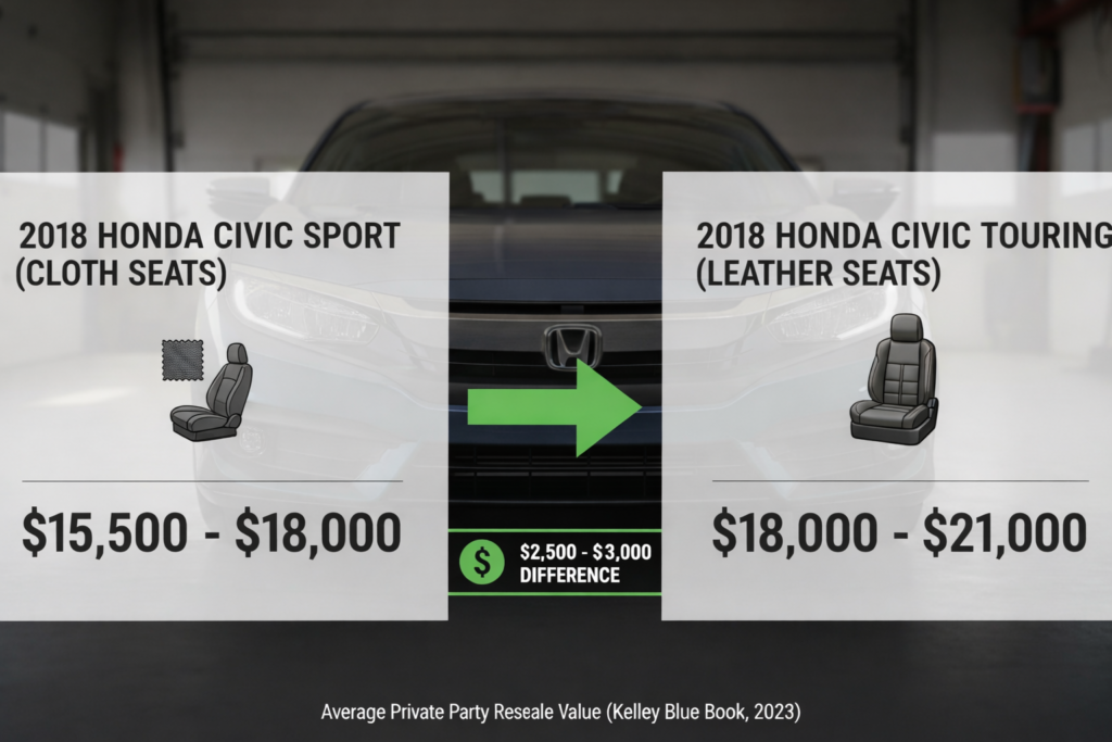 Do leather seats increase the resale value of a Honda Civic? Comparison of 2018 Civic Sport cloth vs Touring leather resale prices.