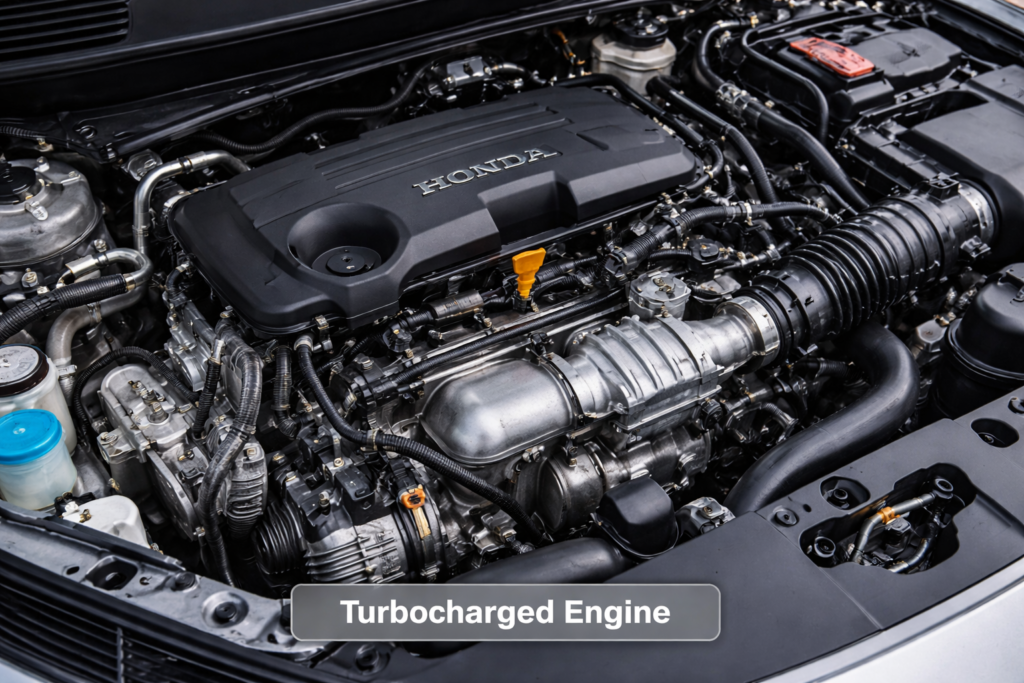 Honda Accord turbocharged engine bay close-up showing Turbo engine components for premium gas requirement explanation