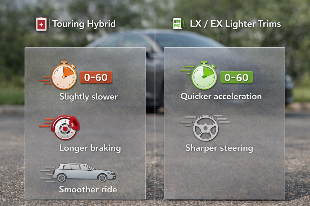 Side-by-side infographic comparing Honda Accord Touring Hybrid and LX/EX trims showing acceleration, braking, and MPG.