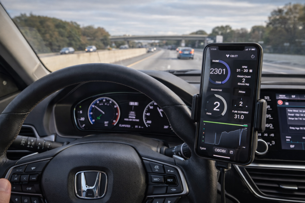 Honda Accord highway test with OBD scanner showing RPM, MPG, and knock data to compare premium vs regular gas performance.