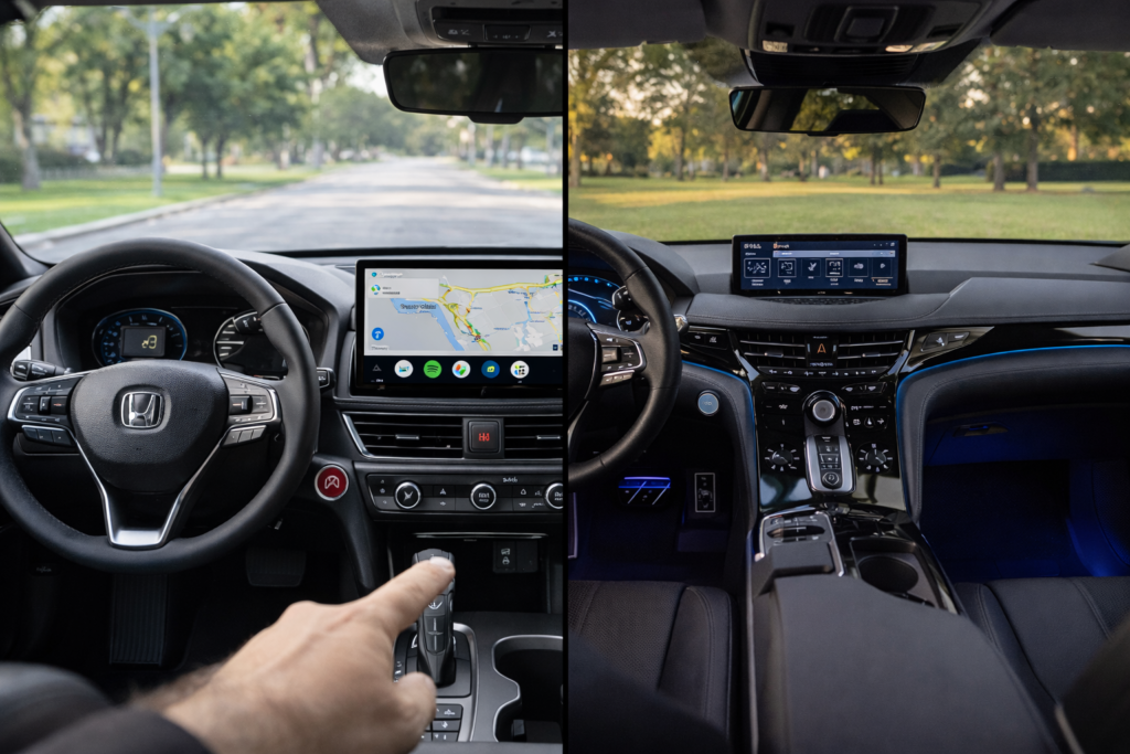 Honda Accord vs Acura TLX interior comparison showing 12.3-inch touchscreen with Google UI and ELS audio ambient lighting
