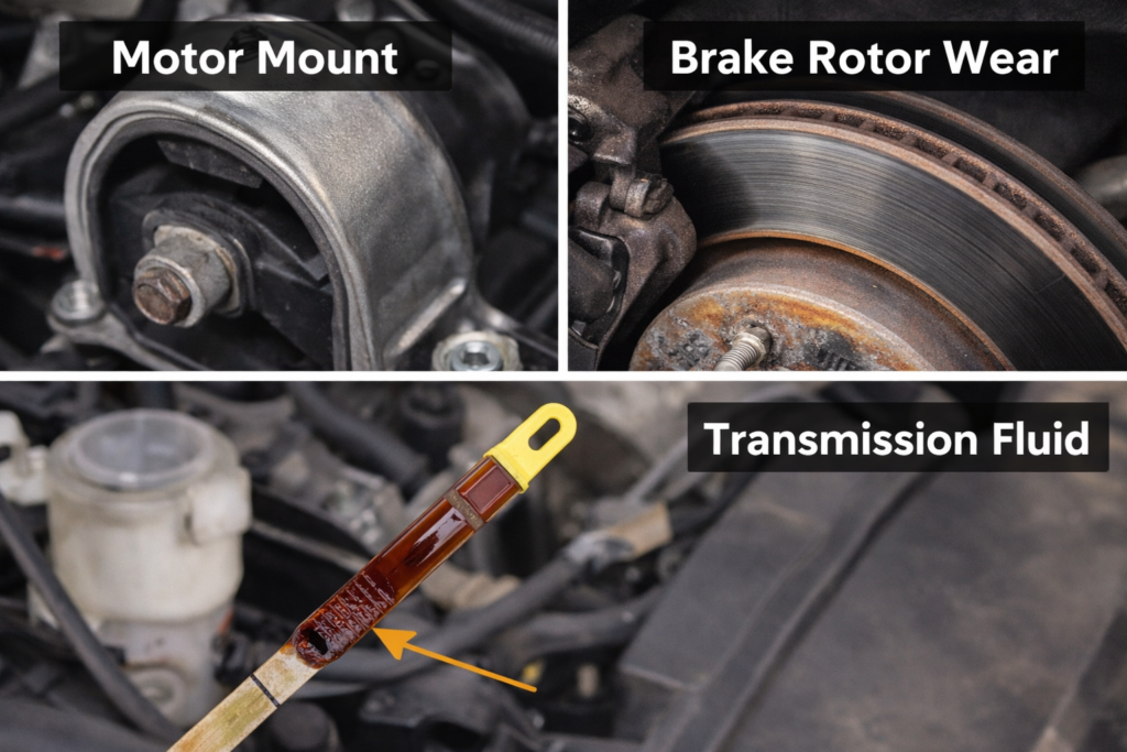 Close-up collage showing motor mount, brake rotor wear, and transmission fluid check on a used 2010 Honda Accord inspection
