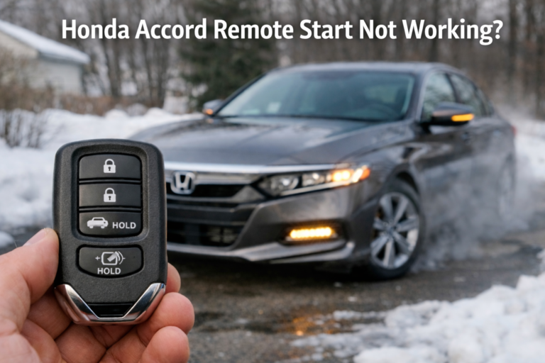 Real photo showing Honda Accord remote start in use, with key fob in the foreground, parking lights on, engine running, in a winter outdoor setting.