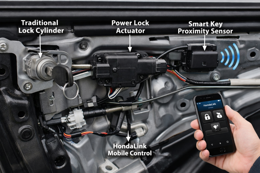 Honda Accord lock system diagram showing door lock cylinder, power lock actuator, smart key sensor and HondaLink control unit